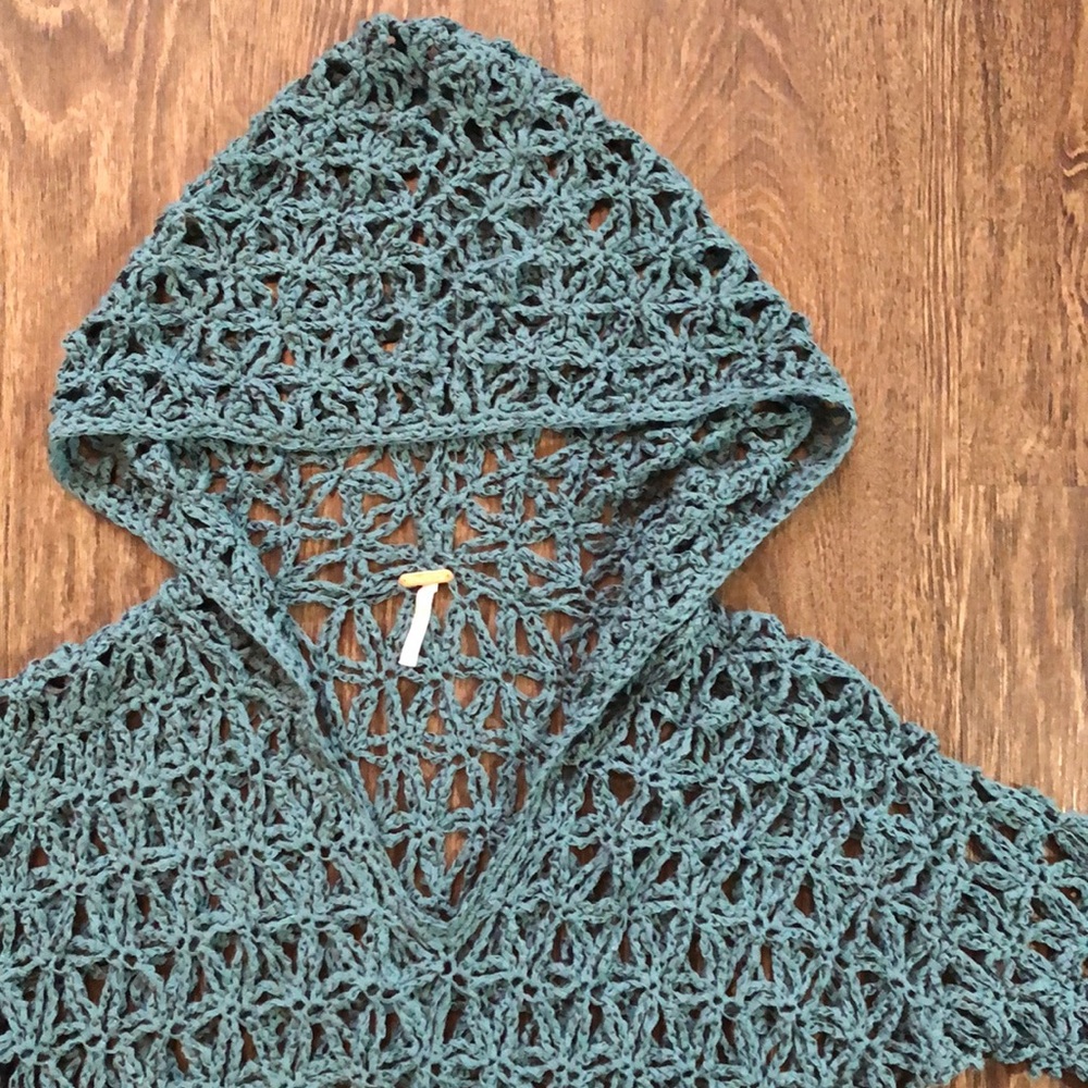Free People Star Stitch Teal Crochet Hoodie